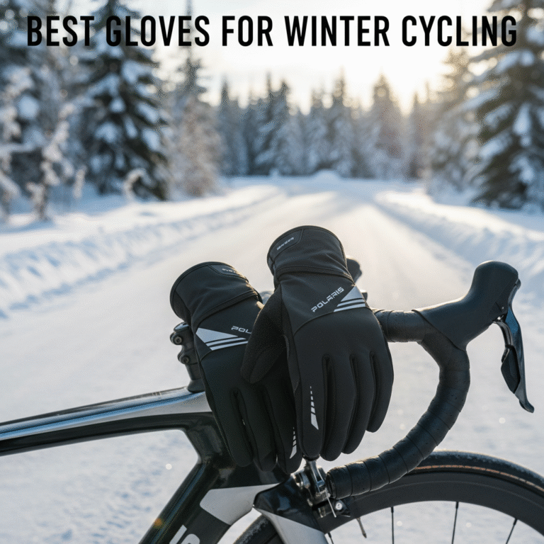 alt_text: High-tech gloves on a bike in snowy landscape; warm, safe, and stylish for winter cycling.