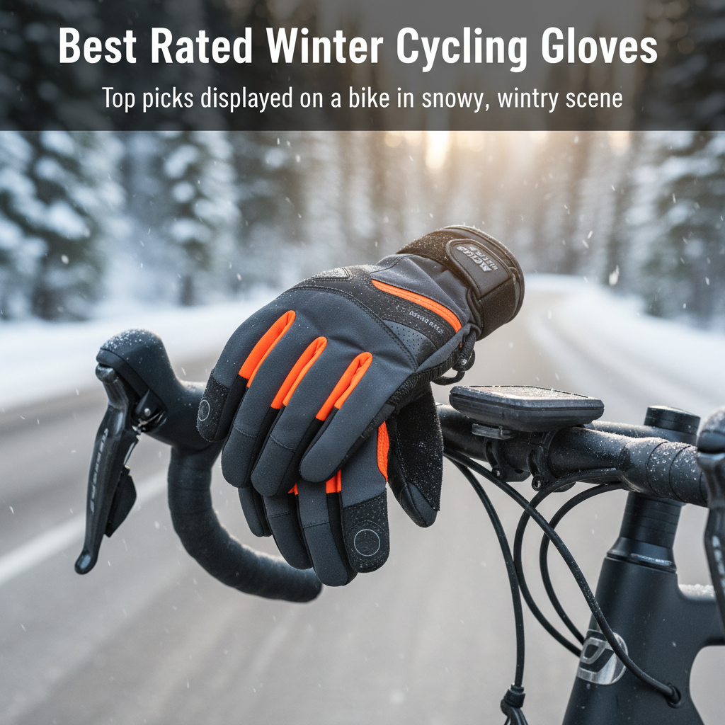 Best Rated Winter Cycling Gloves: Top picks displayed on a bike in a snowy, wintry outdoor scene.