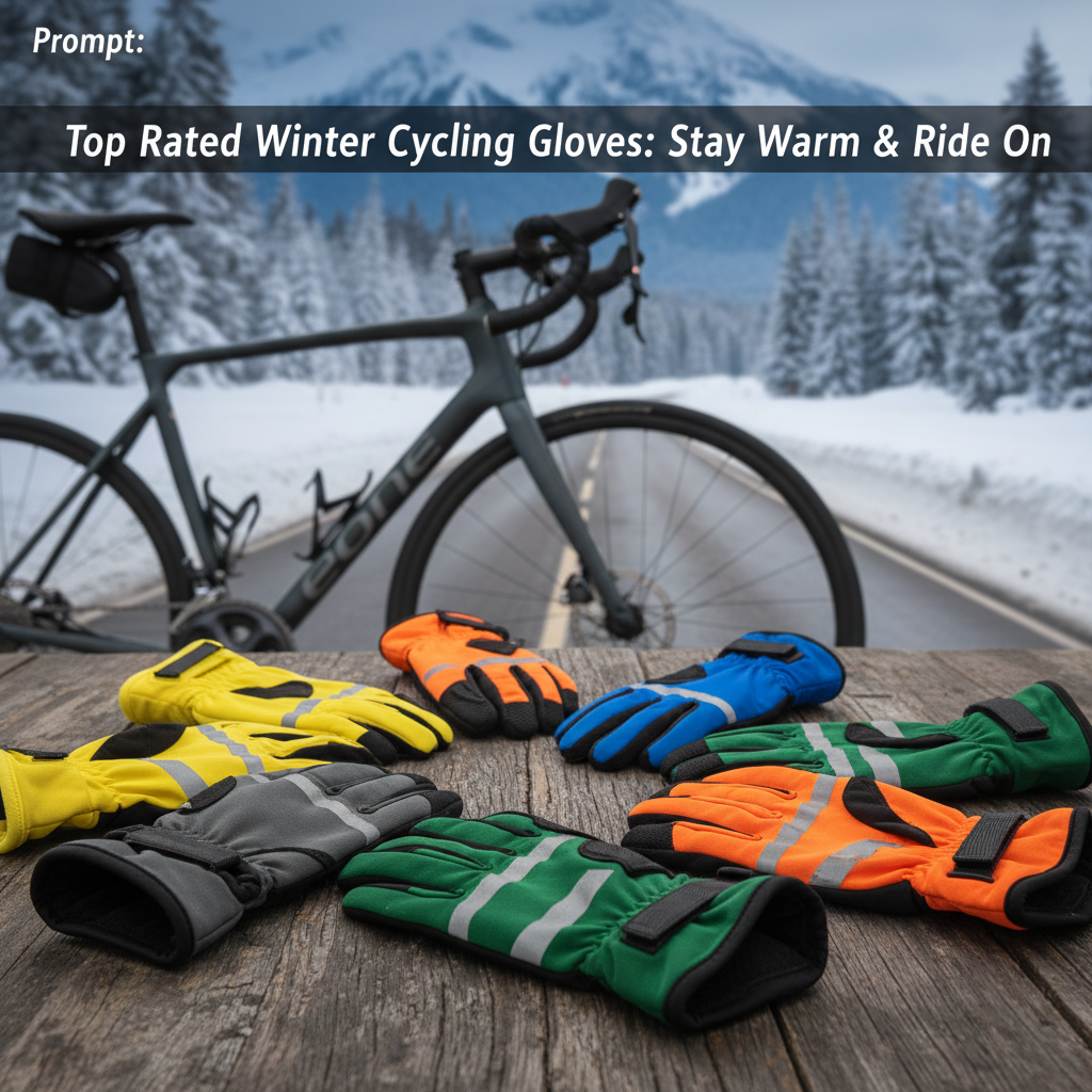 Top winter cycling gloves arranged on wood, with bike and snowy scene blurred in the background.
