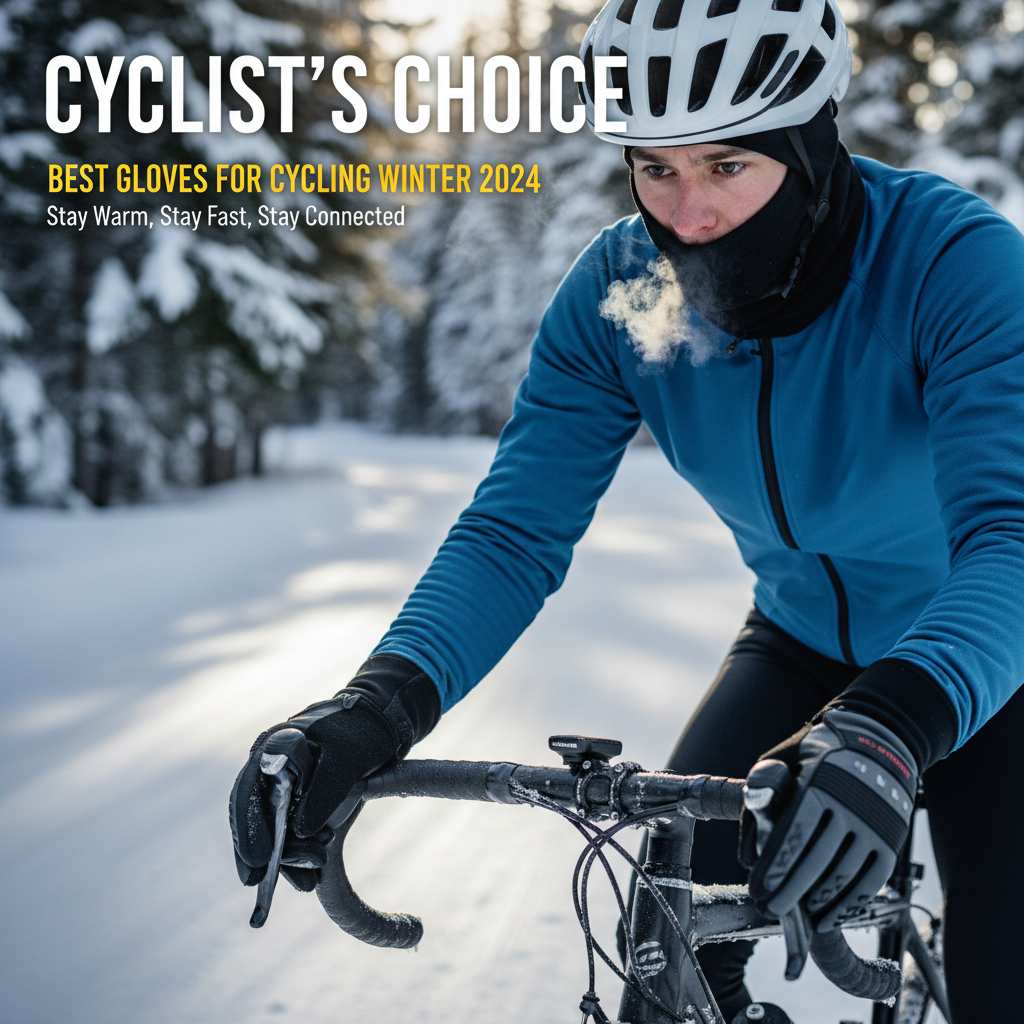 Cyclist in winter gear showcases top-rated insulated cycling gloves on a snowy road for magazine cover.