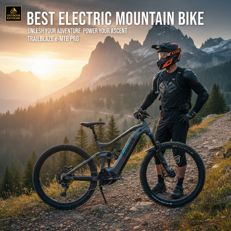 Best electric mountain bike showcased on a scenic mountain trail at sunrise with a proud rider.