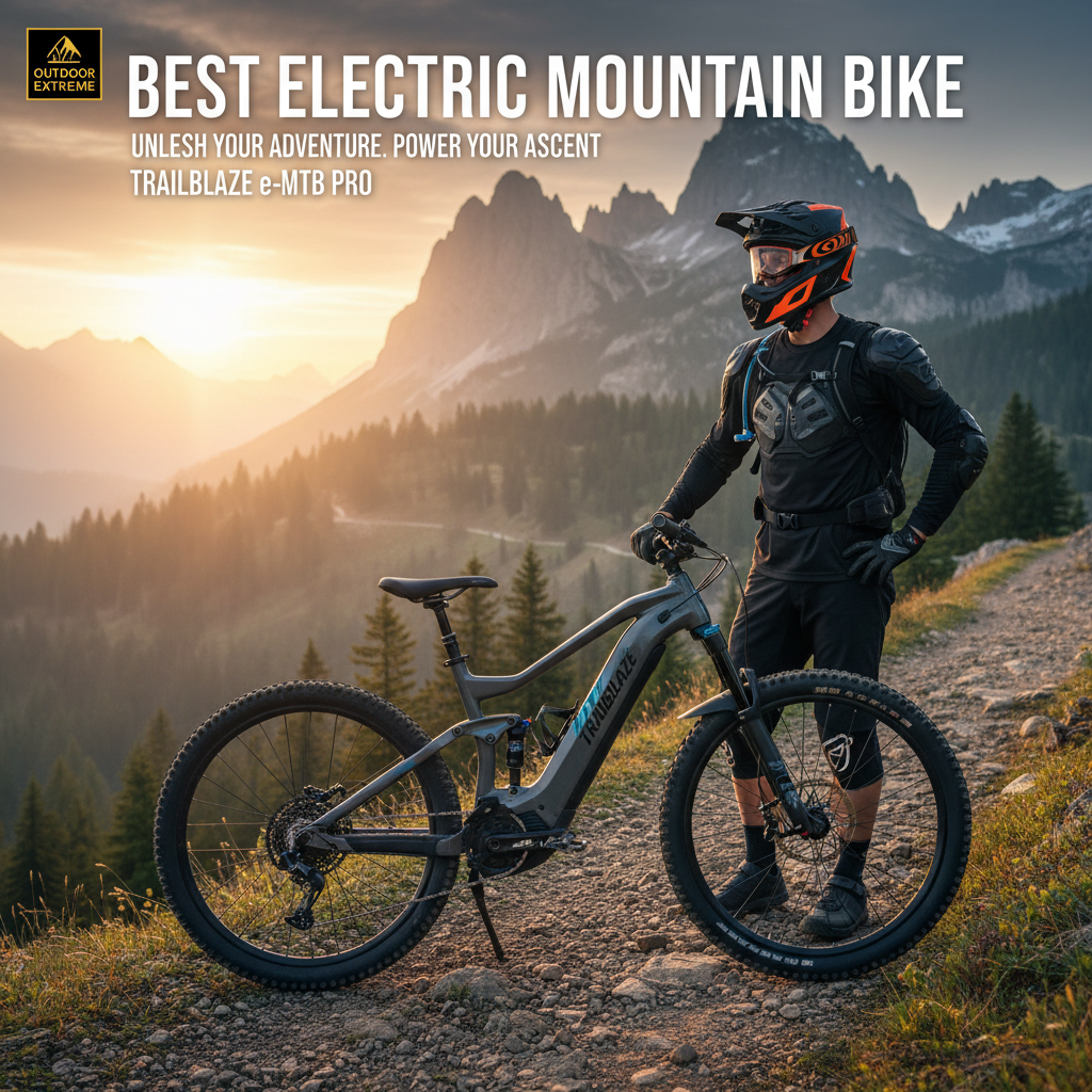 Best electric mountain bike showcased on a scenic mountain trail at sunrise with a proud rider.