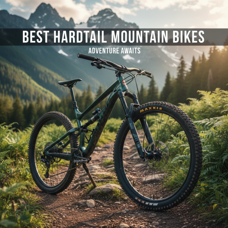 Modern hardtail mountain bike on rugged trail with mountains, rocks, and greenery in natural light.