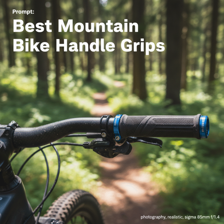 Best Mountain Bike Handlebar Grips in focus, with textured detail and a scenic forest trail background.