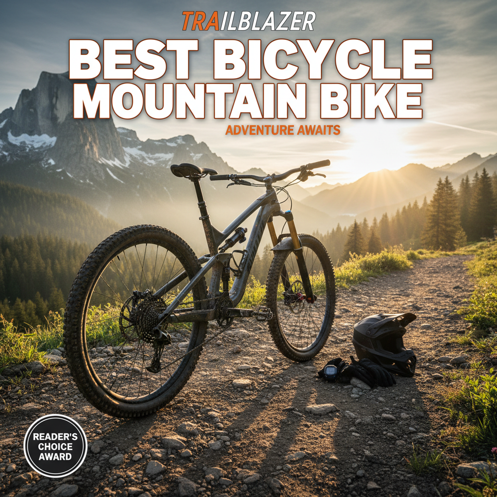 alt_text Top mountain bike on a rugged sunrise trail, with gear and peaks, inspiring adventure and expertise.