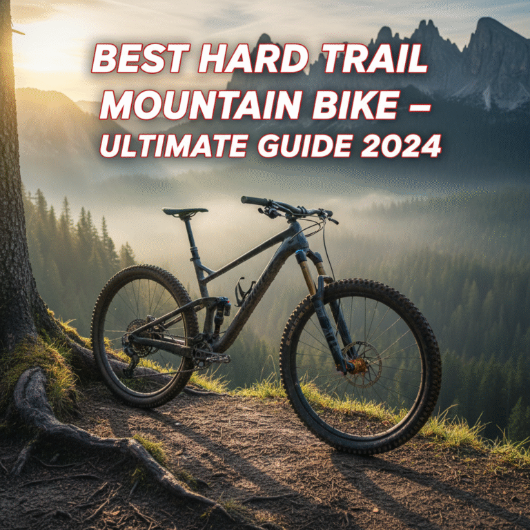 Best Hard Trail Mountain Bike showcased on a rugged sunrise trail with misty mountains and bold title text.
