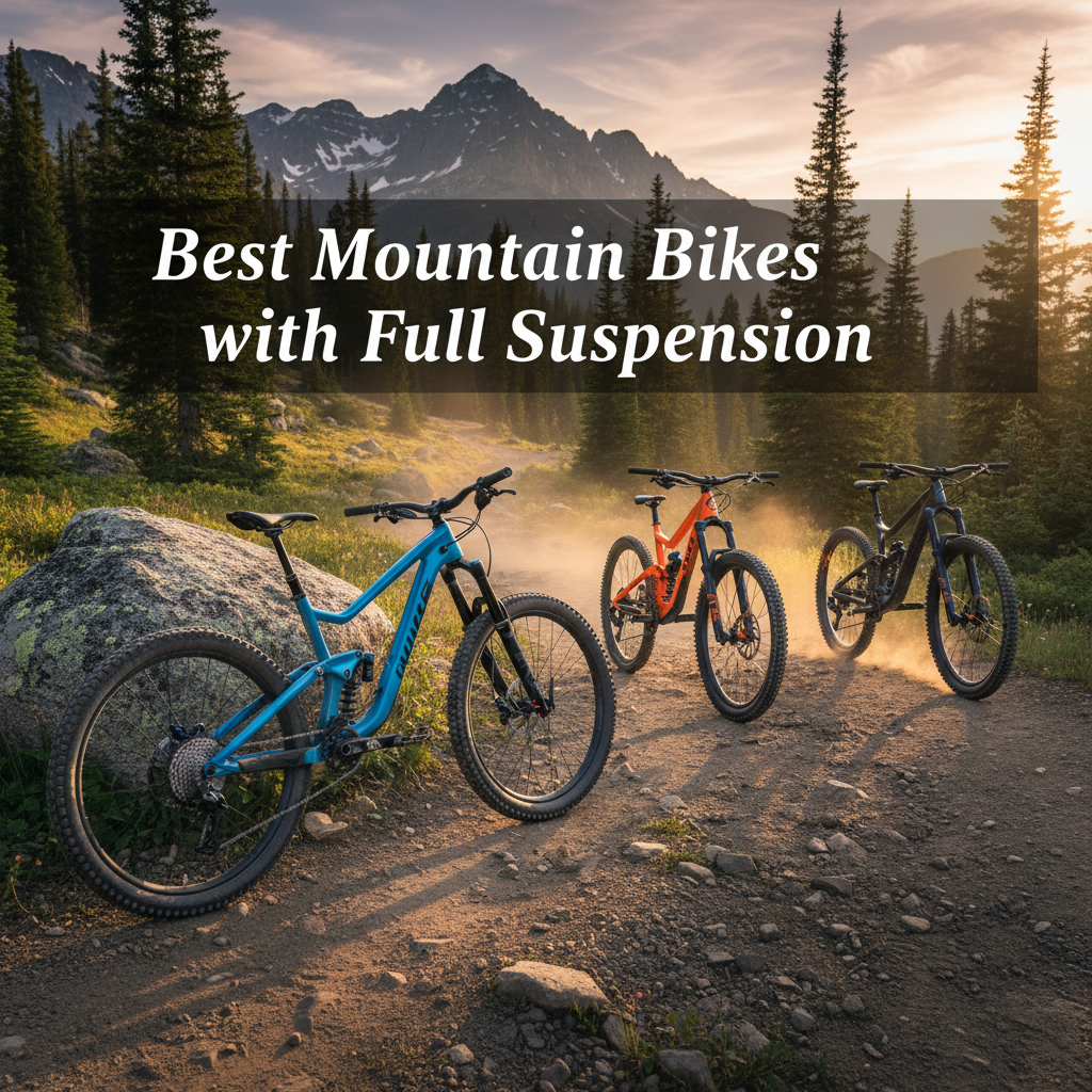 Best Mountain Bikes with Full Suspension—premium bikes on a rugged trail at sunset, ready for adventure.