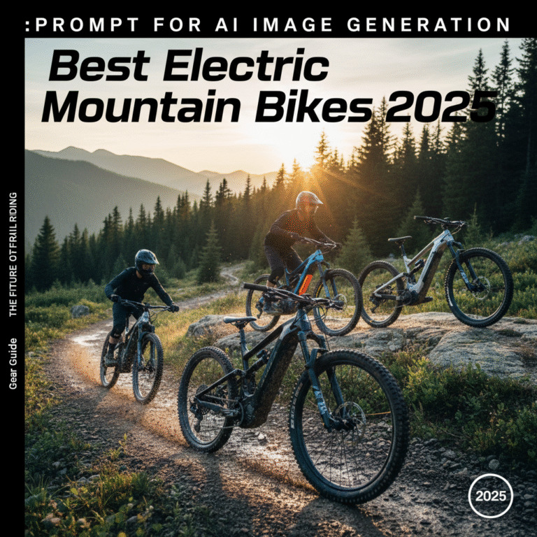 Three futuristic electric mountain bikes ride rugged sunrise trails, featured on a bold 2025 magazine cover.