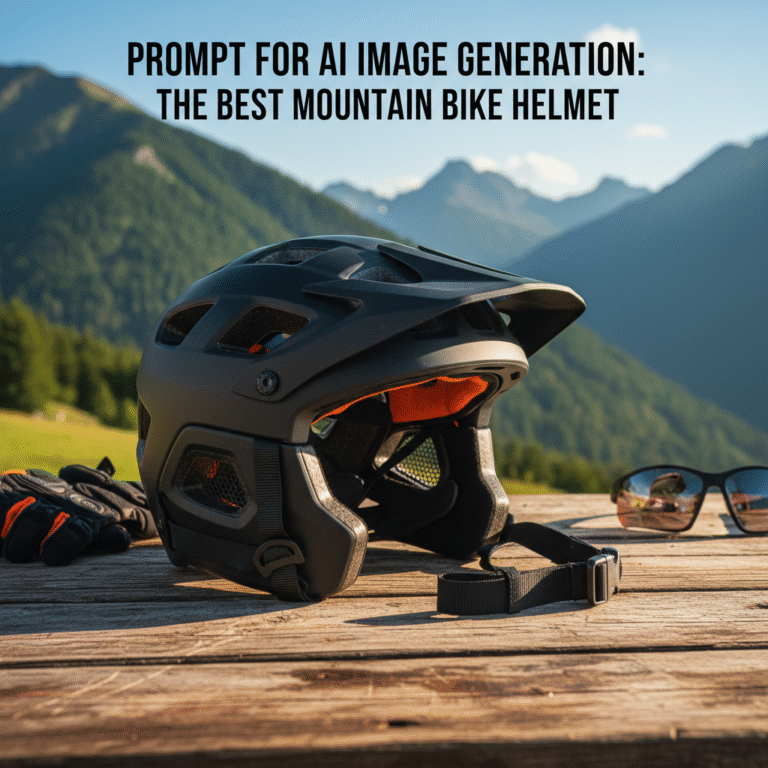Matte black mountain bike helmet on a table with gear, mountains and sky in the background.