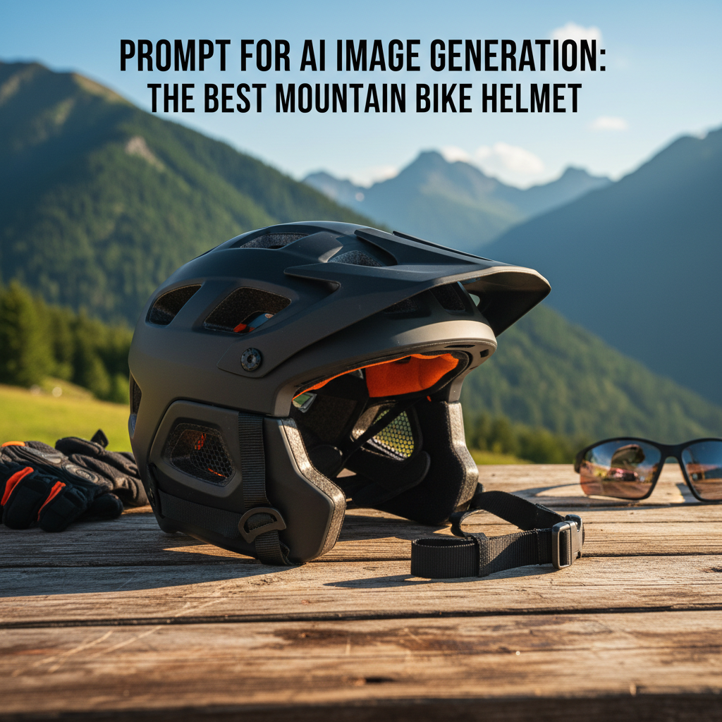 Matte black mountain bike helmet on a table with gear, mountains and sky in the background.