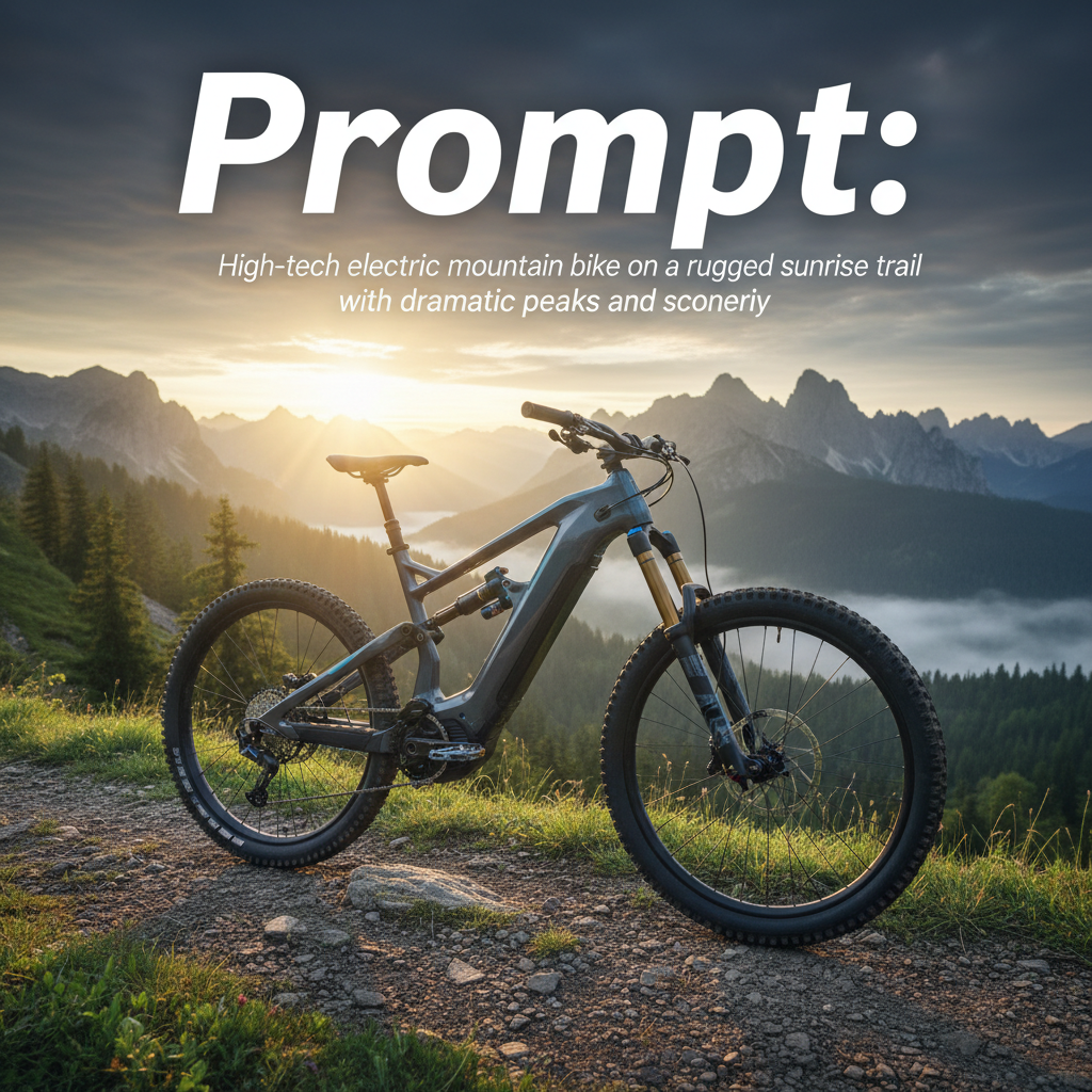 High-tech electric mountain bike on a rugged sunrise trail with dramatic peaks and lush green scenery.