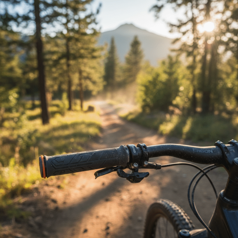 Close-up of textured mountain bike grips on handlebars, with a sunny forest trail in the background.