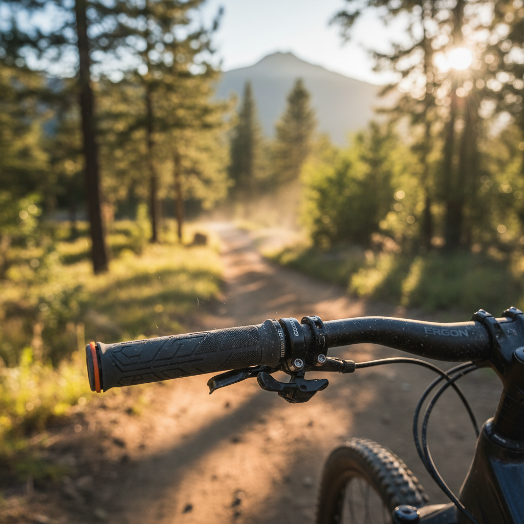 Close-up of textured mountain bike grips on handlebars, with a sunny forest trail in the background.