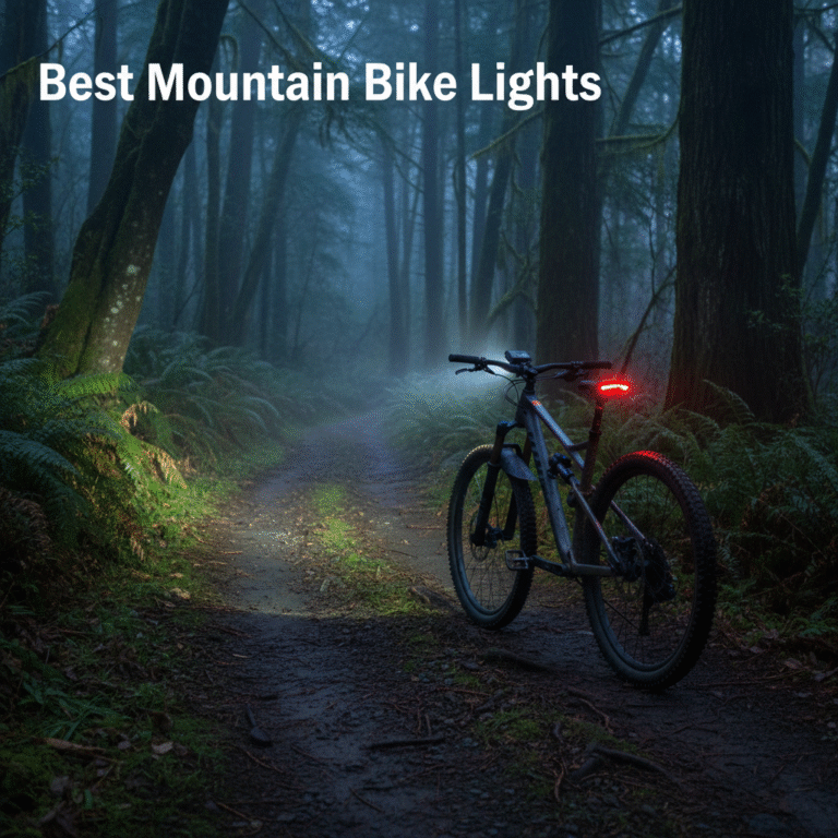 Best Mountain Bike Lights: Powerful bike lights illuminate a rugged forest trail at dusk for safe adventures.
