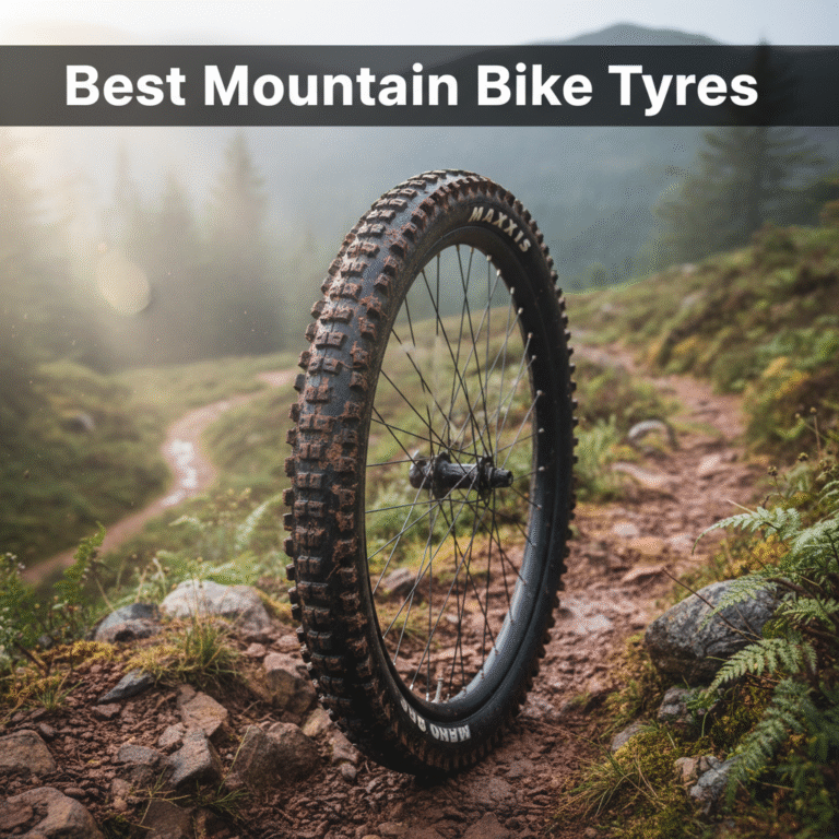 Close-up of a rugged mountain bike tyre on muddy, rocky trail, highlighting tread and outdoor performance.