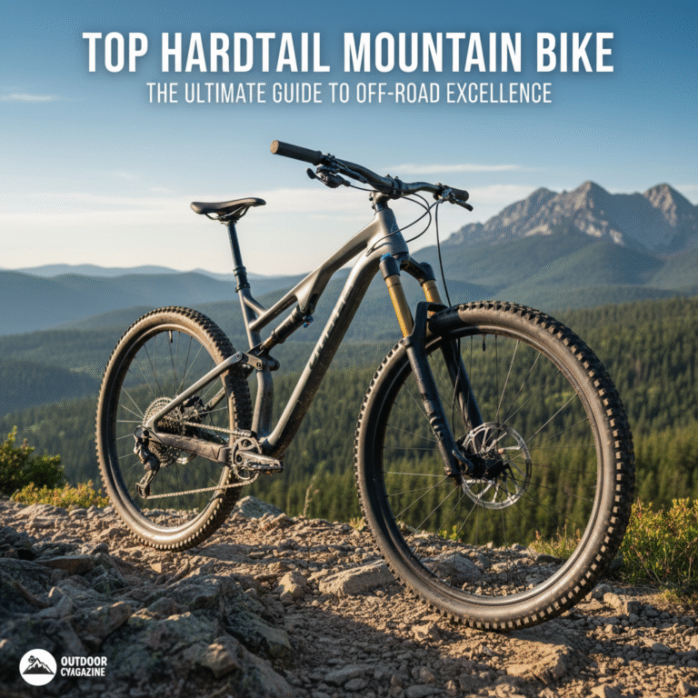 Rugged hardtail mountain bike on a rocky trail, set against scenic forested hills and blue sky.