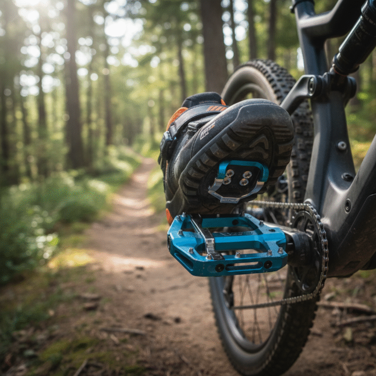 alt_text Close-up of a mountain biker's shoe clicking into a premium pedal on a rugged bike, forest trail behind.