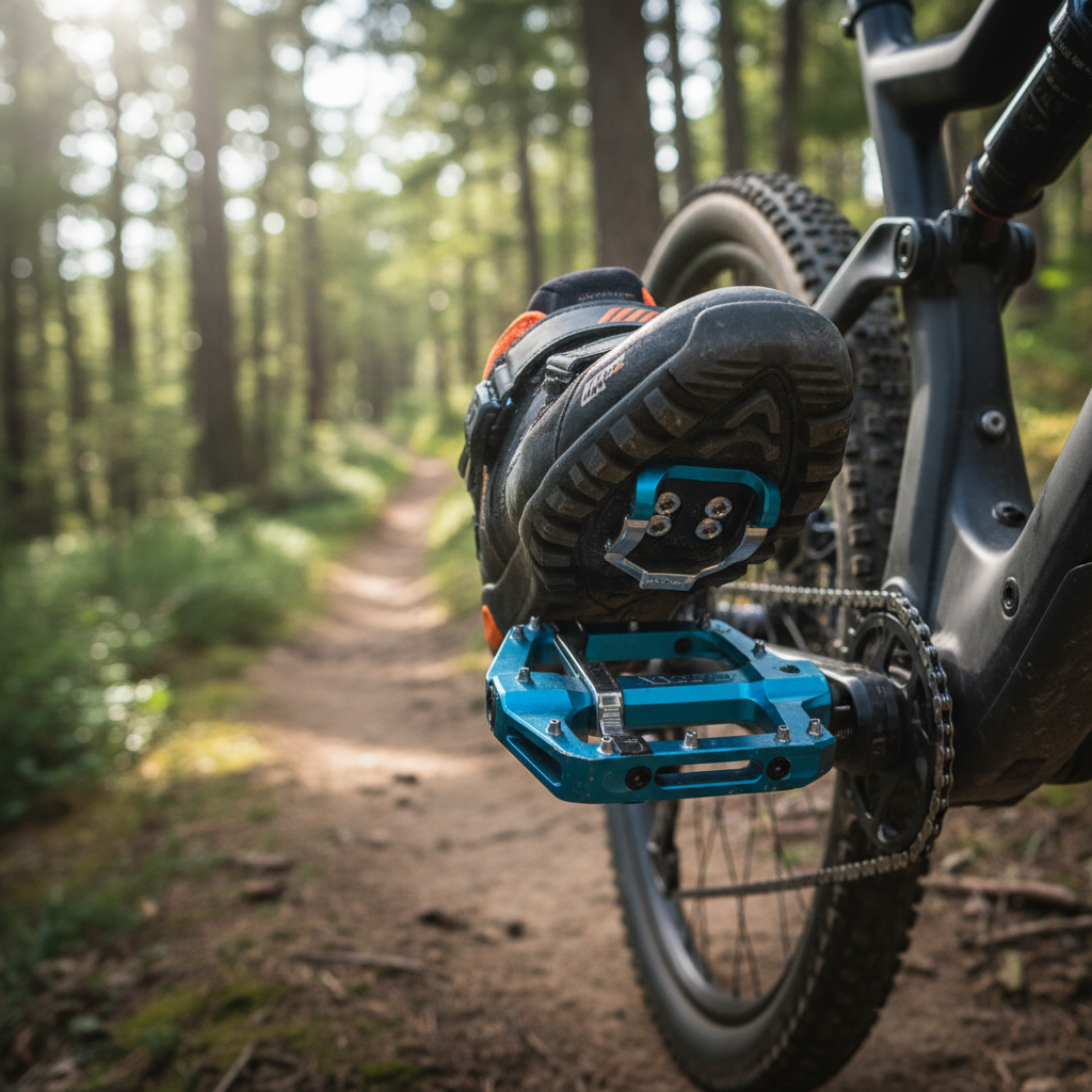 alt_text Close-up of a mountain biker's shoe clicking into a premium pedal on a rugged bike, forest trail behind.