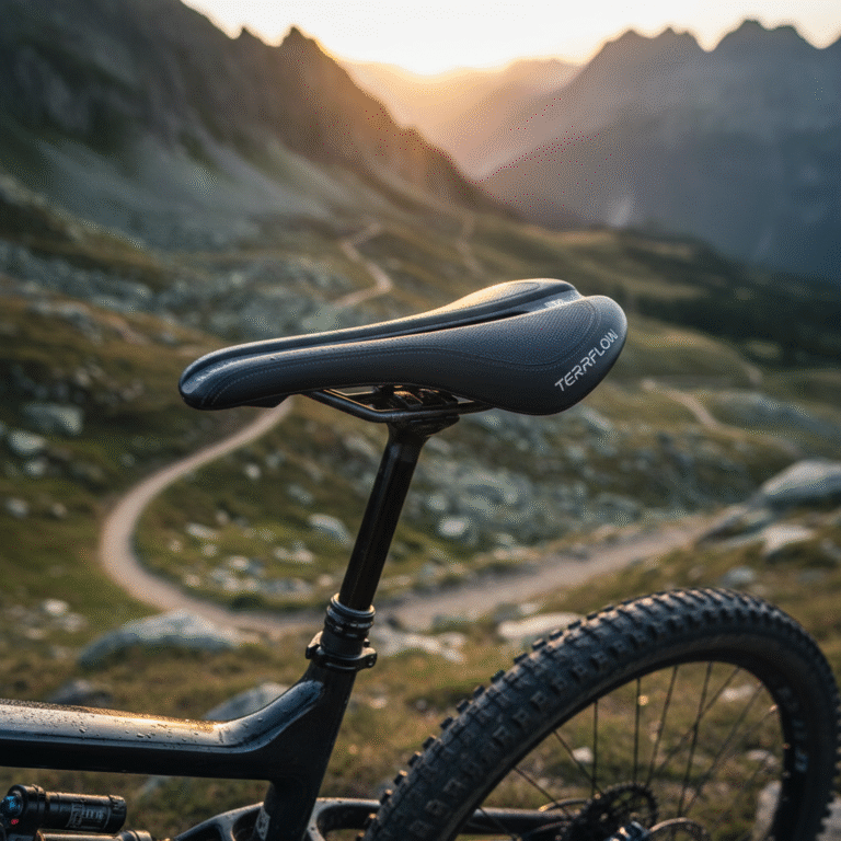 Close-up of a premium mountain bike saddle against rugged mountain trails, highlighting comfort and quality.