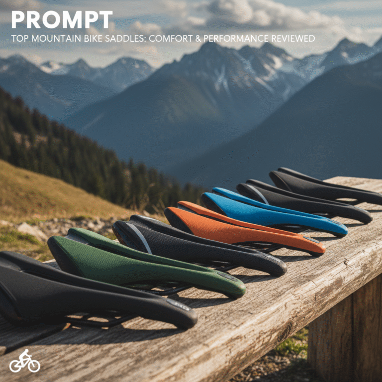 Top mountain bike saddles displayed on wood with mountains behind, magazine cover style.