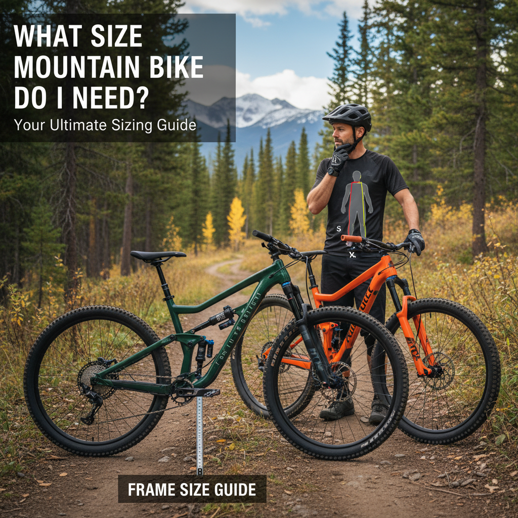 Person ponders mountain bike size, with comparison graphics, in scenic outdoors for sizing guidance.