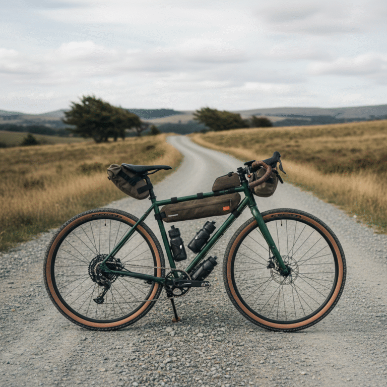A fully equipped gravel bike on a scenic gravel road, ready for adventure through mixed terrain.
