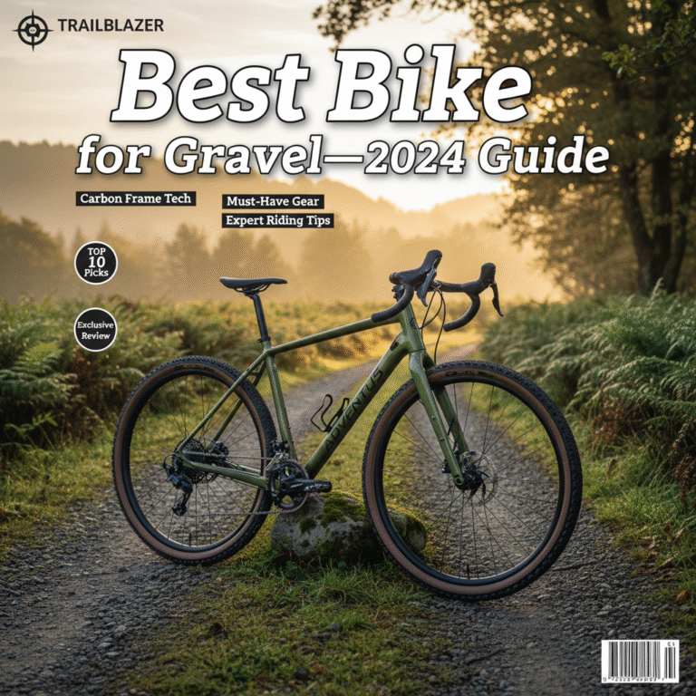 Best Bike for Gravel—2024 Guide magazine cover with a premium gravel bike on a lush trail at sunrise.
