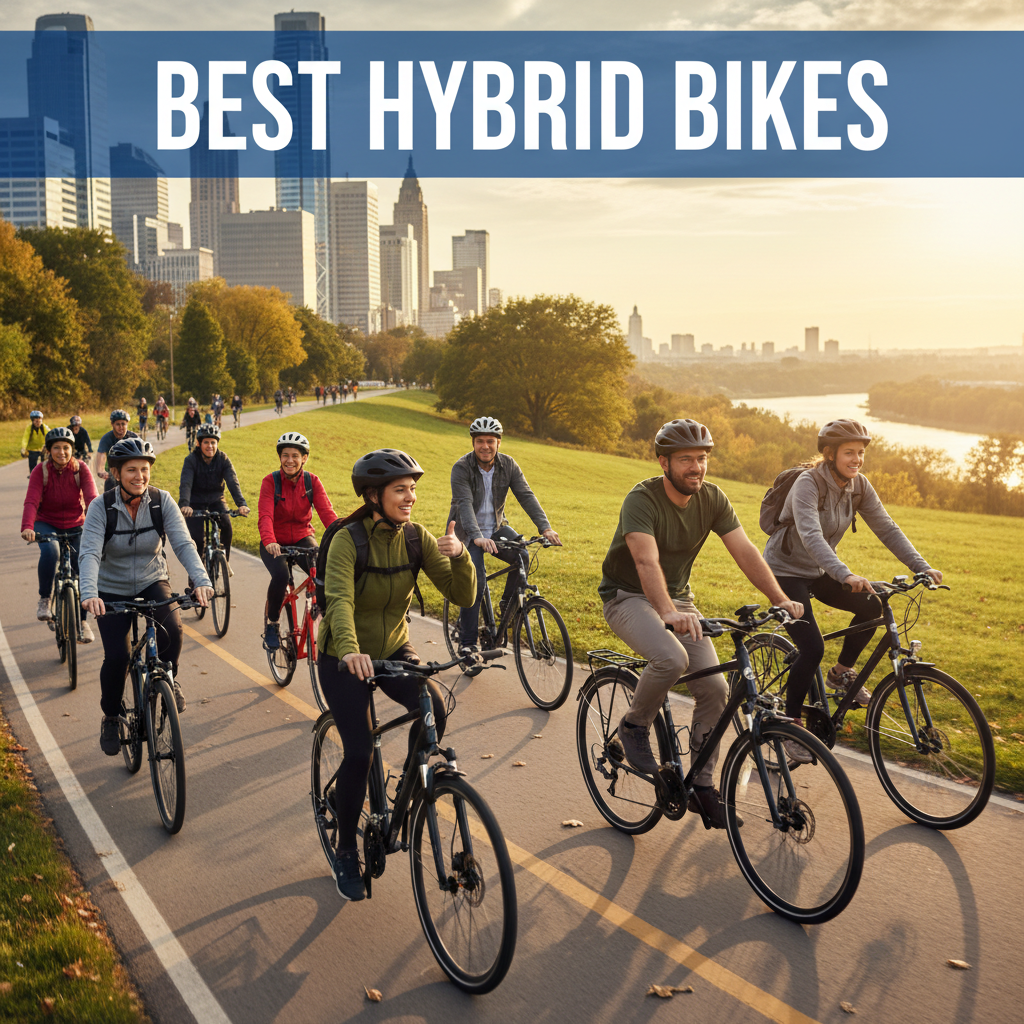 Diverse riders enjoy hybrid bikes on a scenic path blending city skyline and lush countryside views.