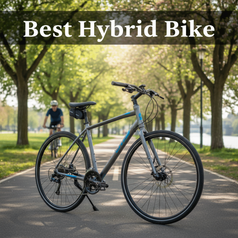 Modern hybrid bike showcased on a scenic city trail, highlighting comfort, style, and versatility.