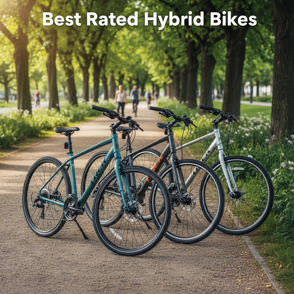 Best Rated Hybrid Bikes cover showing top hybrid bikes in a scenic park with vibrant, detailed features.