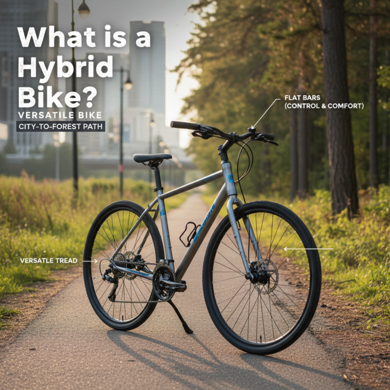 What Is a Hybrid Bike? A versatile bike blends road speed and trail toughness on a city-to-forest path.