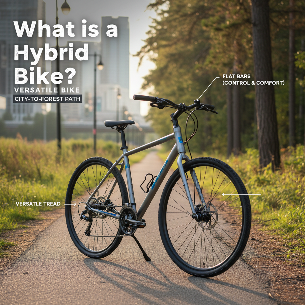 What Is a Hybrid Bike? A versatile bike blends road speed and trail toughness on a city-to-forest path.