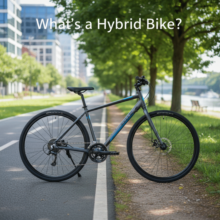 A modern hybrid bike on a city road and park trail, highlighting its versatility and key features.