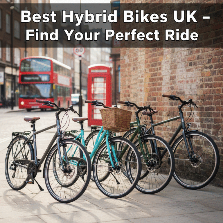 Best Hybrid Bikes UK cover: stylish hybrid bikes in London with UK icons, title text at the top.