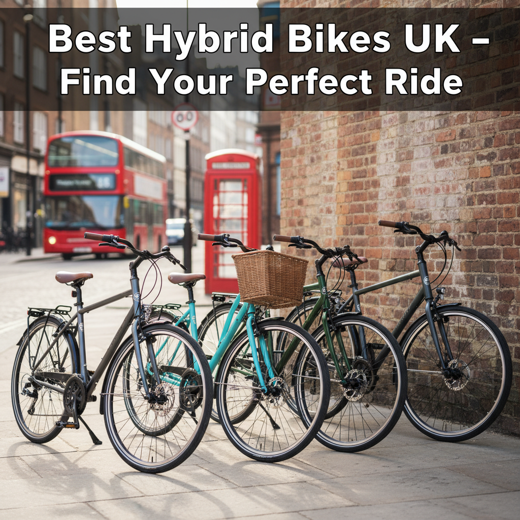 Best Hybrid Bikes UK cover: stylish hybrid bikes in London with UK icons, title text at the top.