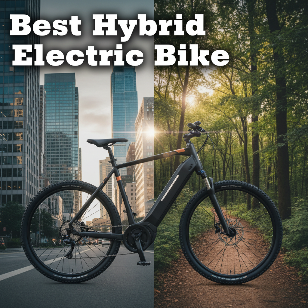 Best Hybrid Electric Bike showcased with a sleek design against a scenic blend of city and nature.