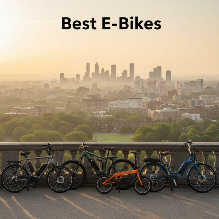 A lineup of stylish e-bikes at sunrise on a city overlook, with "Best E-Bikes" in bold on top.