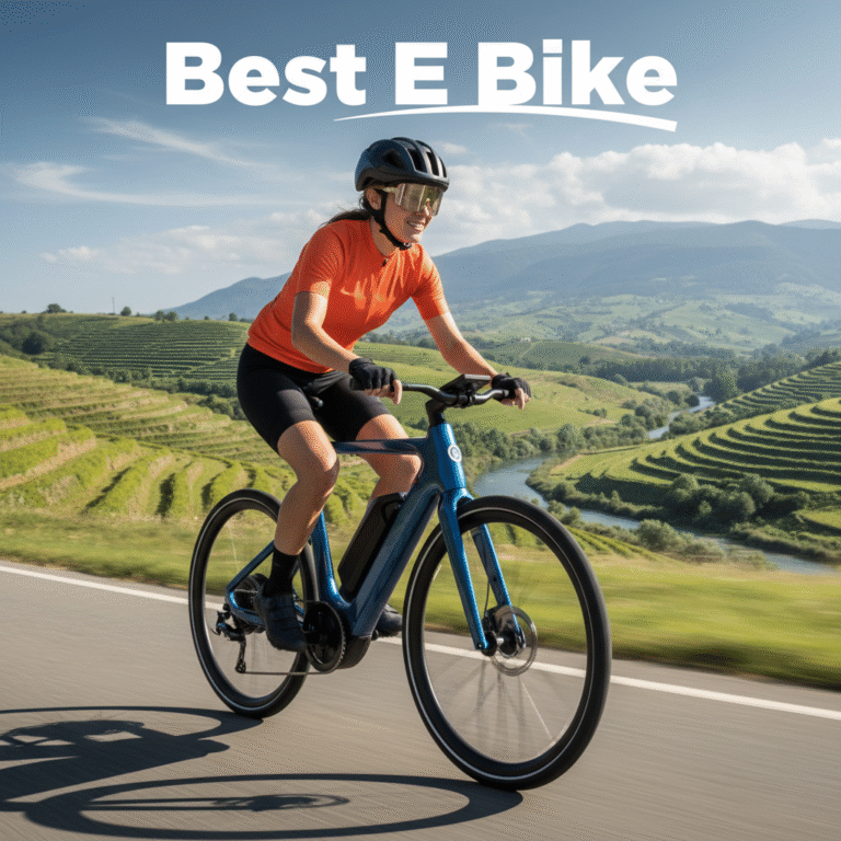 A sleek electric bike rides through scenic hills, with "Best E Bike" title and a smiling, sporty rider.