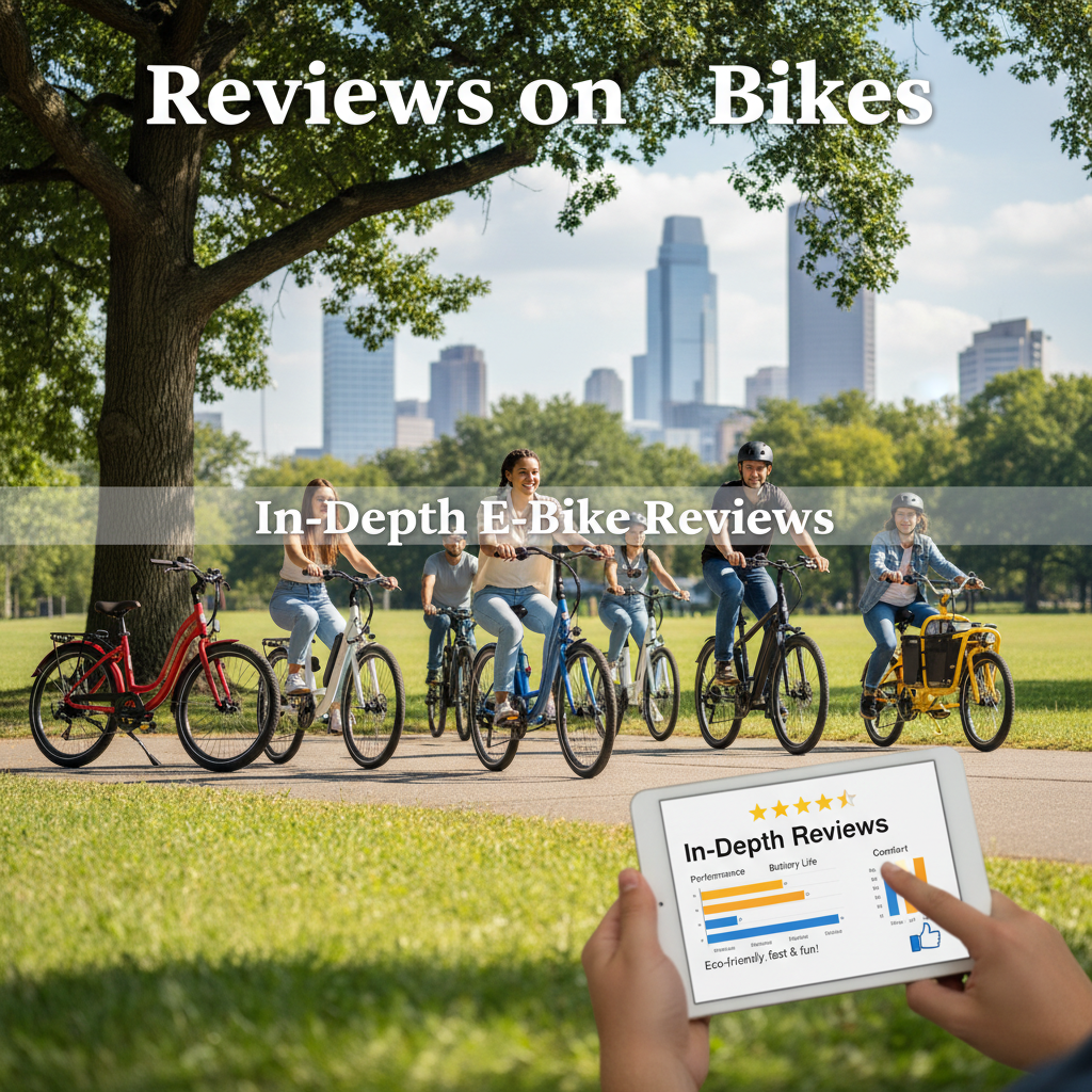 Diverse riders test modern e-bikes in a city park; tech ratings shown for "In-Depth E-Bike Reviews."