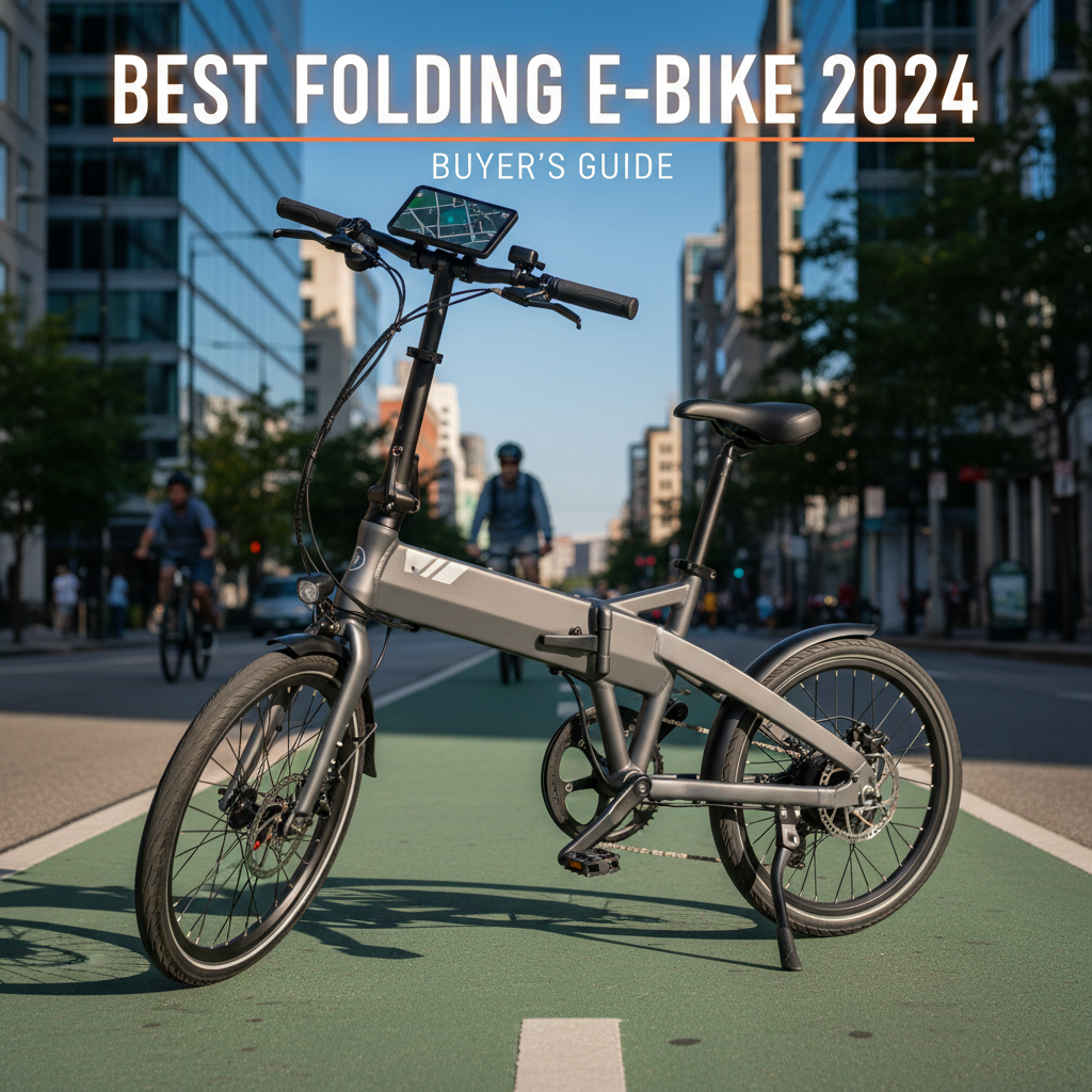 Best Folding E-Bike: 2024 Buyer's Guide—innovative, stylish e-bike leads in an urban cityscape.