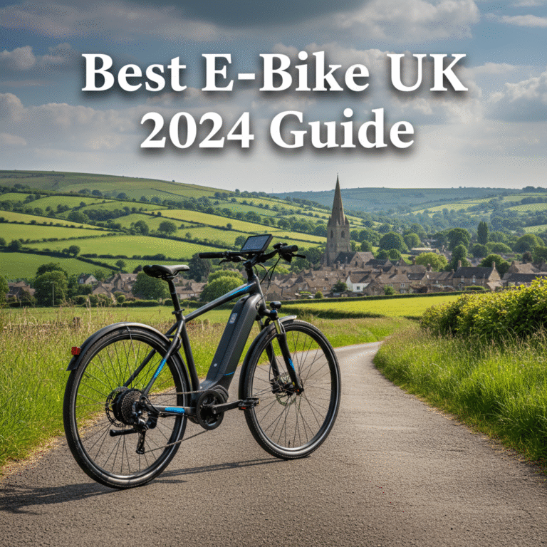 Best E-Bike UK 2024 Guide—modern e-bike on countryside lane with village, hills, and sunlight.