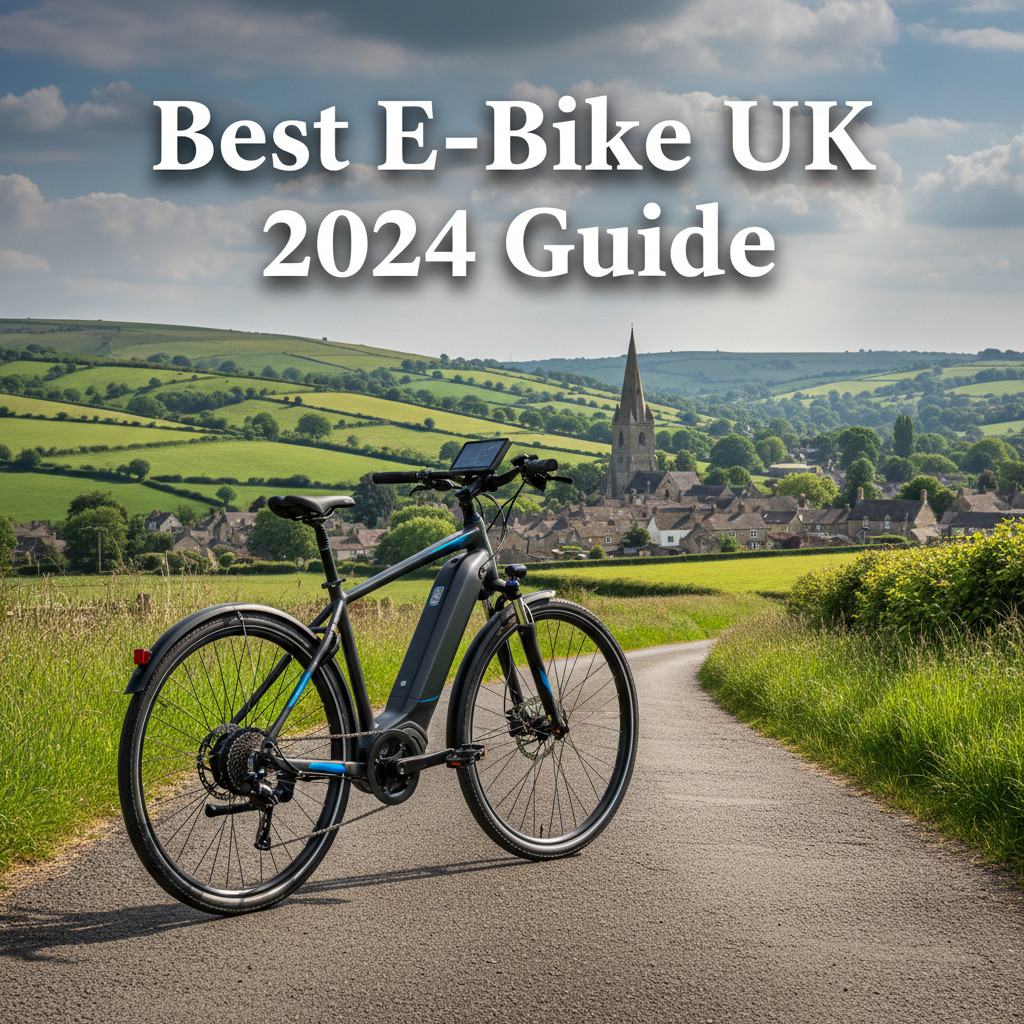 Best E-Bike UK 2024 Guide—modern e-bike on countryside lane with village, hills, and sunlight.
