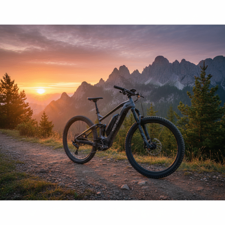 alt_text: Sleek electric mountain bike on a rugged sunrise trail with dramatic mountains and lush pines behind.