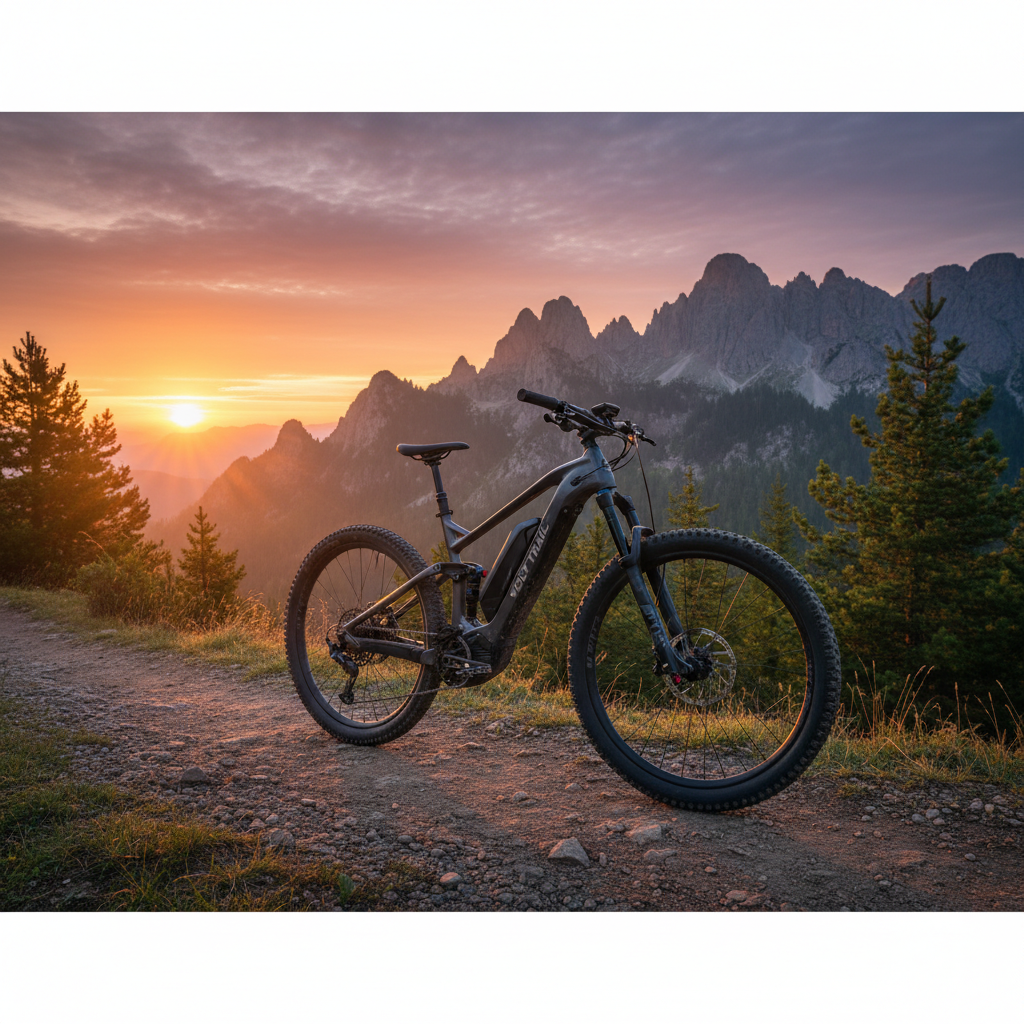 alt_text: Sleek electric mountain bike on a rugged sunrise trail with dramatic mountains and lush pines behind.