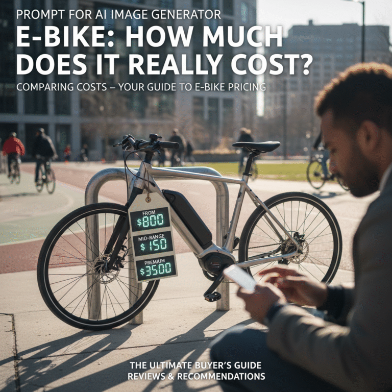 E-Bike: Comparing costs—sleek e-bike, price tags, cityscape, and consumer weighing options.