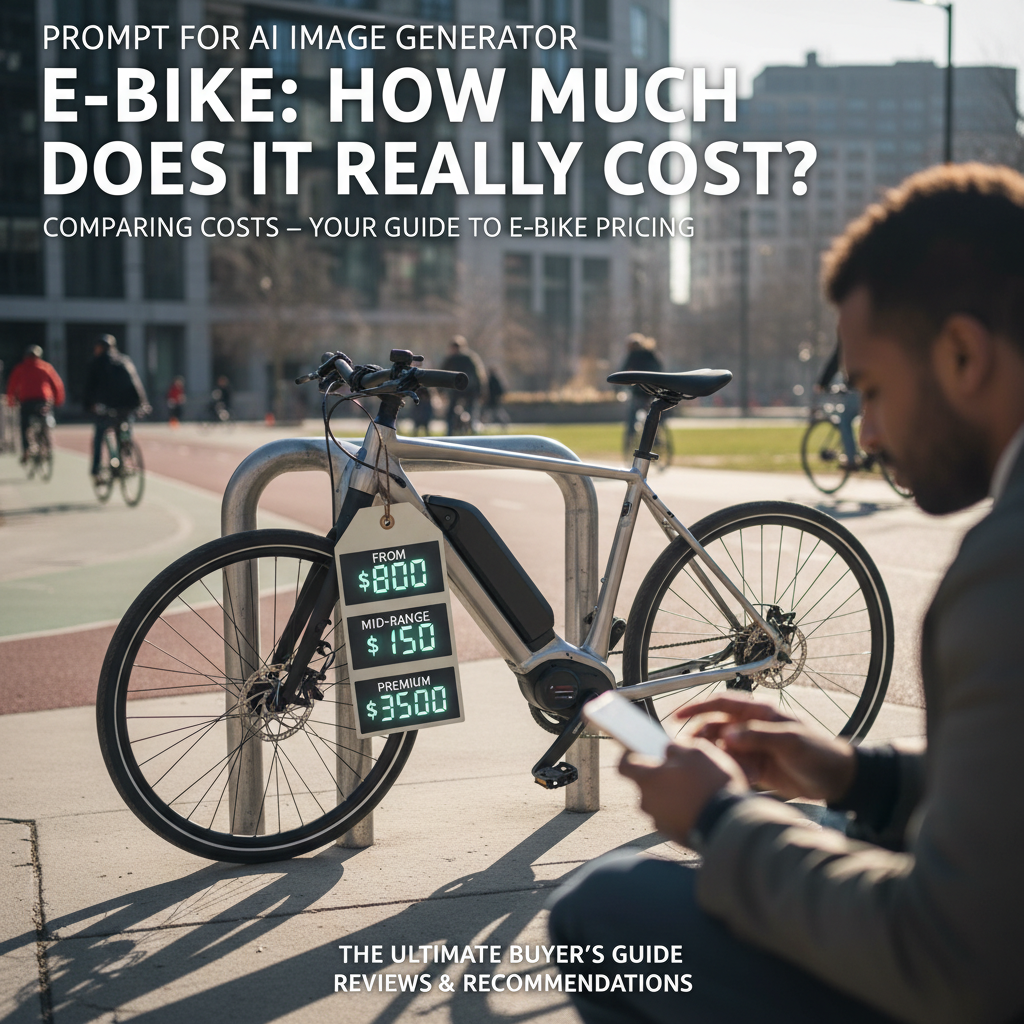 E-Bike: Comparing costs—sleek e-bike, price tags, cityscape, and consumer weighing options.